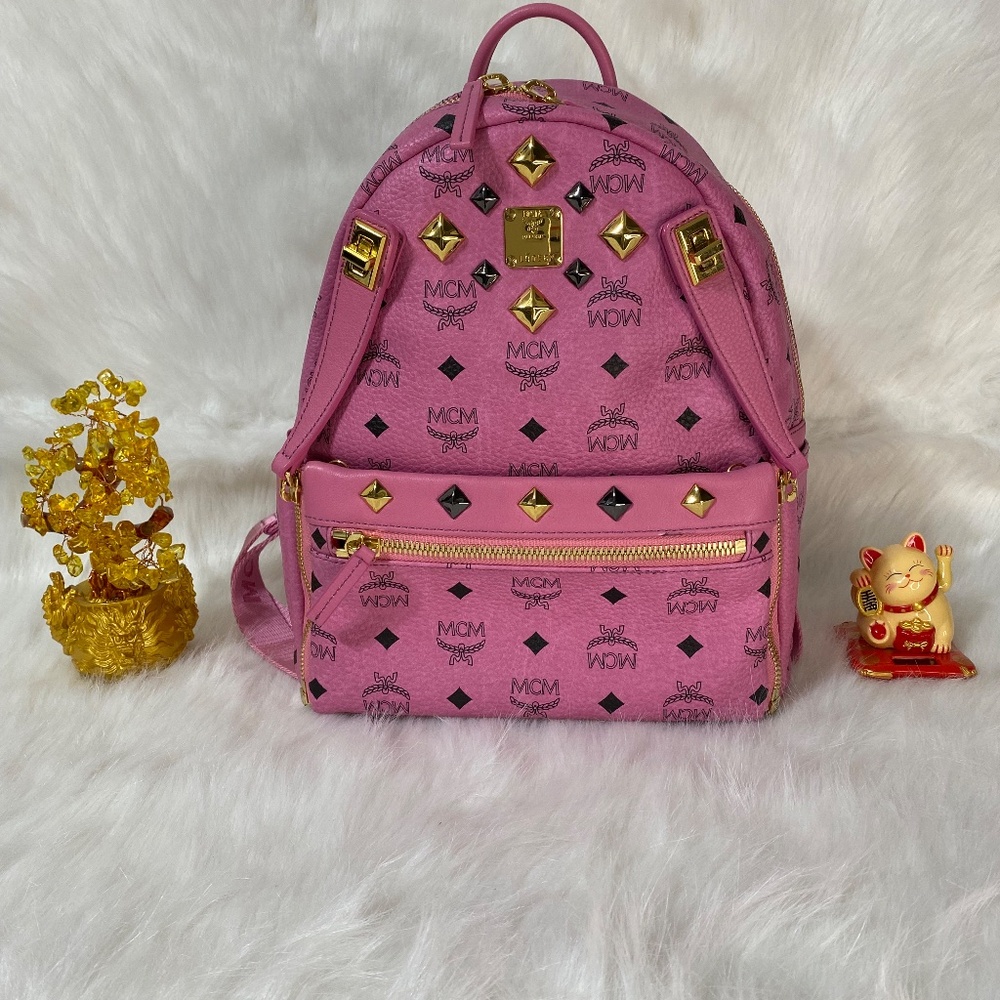 Mcm Pink Backpack Canvas Viseto Studs Preowned Au… - image 2